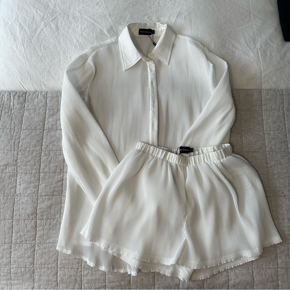 PLT White Plisse Set. Long Sleeve Bottom Front Oversized Shirt/Loose Shorts